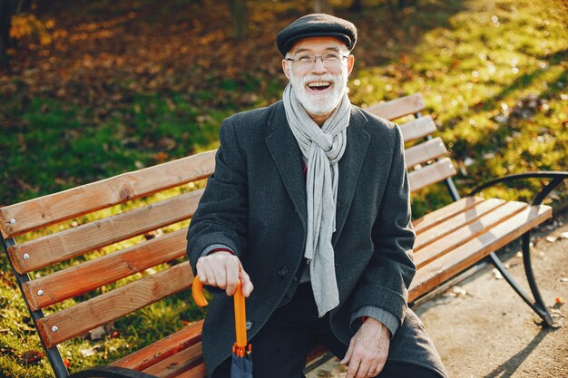 Elegant old man in a sunny autumn park 