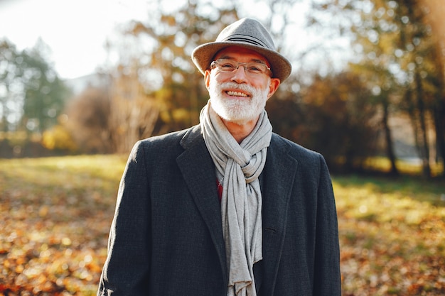 Elegant old man in a sunny autumn park 