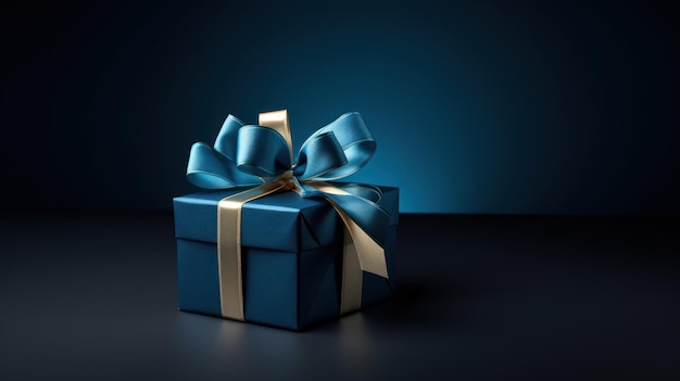 Элегантная маленькая подарочная коробка с синей лентой, расположенной на темно-синей поверхности