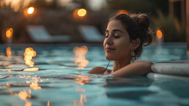 An elegant young lady lounging in a chic outdoor spa pool with soft lighting creating a tranquil amb