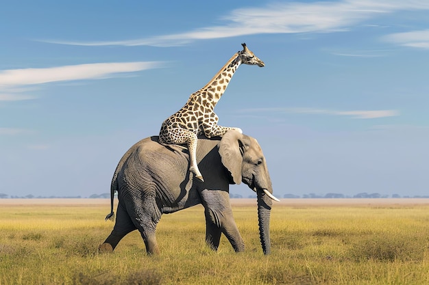 Free photo elephant carrying giraffe on his back ai generated