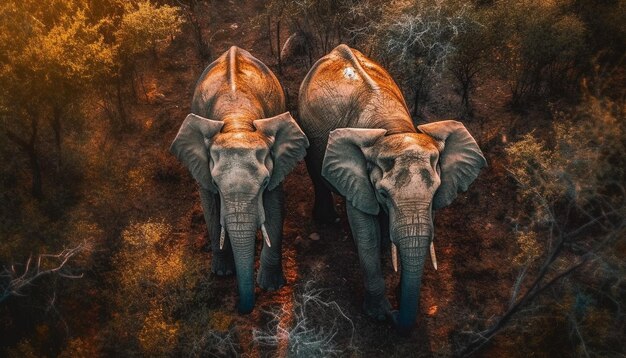 Free photo elephant herd walking through african sunset landscape generated by ai