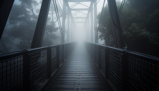 Elevated footbridge vanishes into spooky forest fog generated by AI