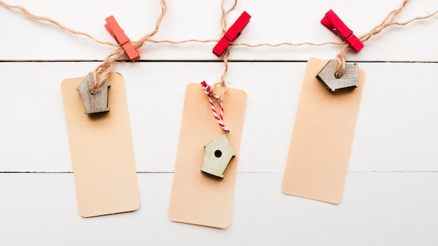 An elevated view of birdhouse tag tied with cloth pegs on white wooden plank