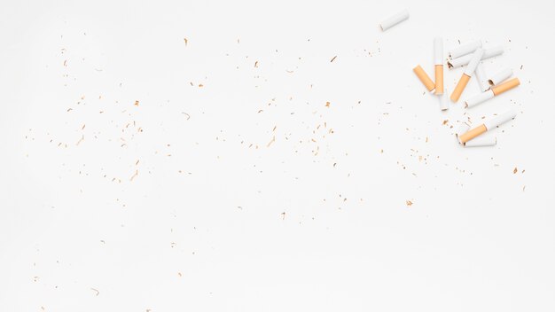 Elevated view of broken cigarette and tobacco over white surface