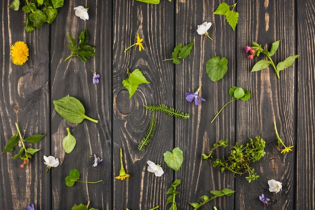 An elevated view of broken leaves and flowers on wooden table