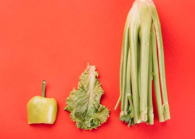 Elevated view of chard; lettuce and green bell pepper on red backdrop