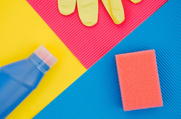 An elevated view of cleaning supplies background