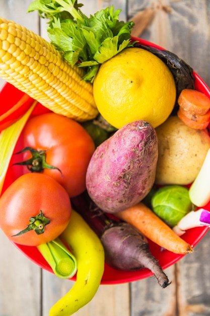 Elevated view of colorful organic vegetables in bowl