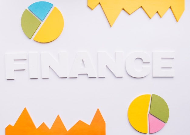 Vista elevata della parola di finanza con i diagrammi a torta su fondo bianco