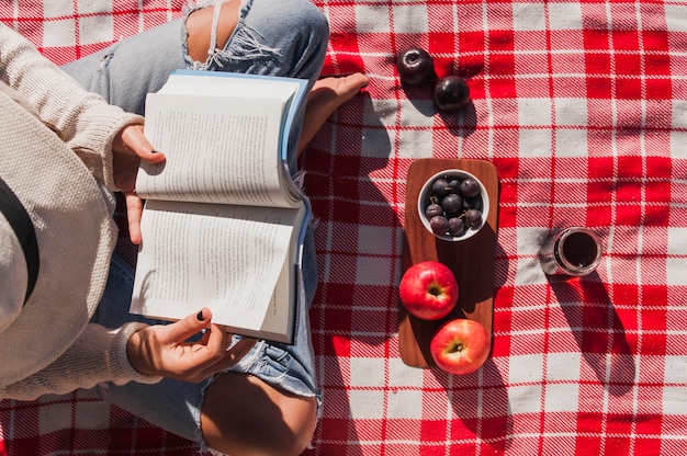 Elevated view of girl reading book near apples and berry fruits