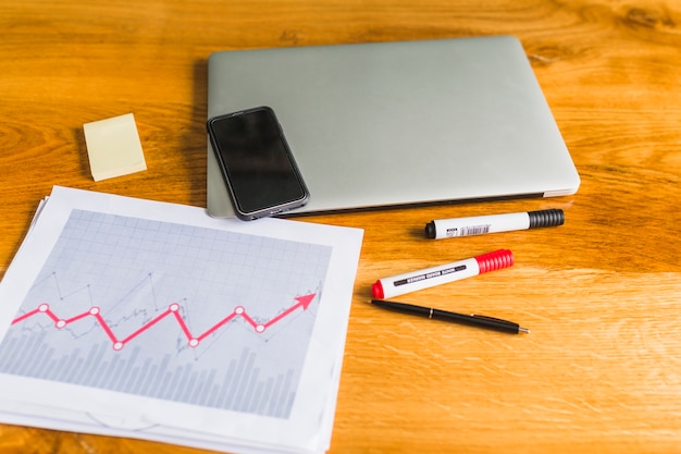 Free photo elevated view of graph with laptop and cellphone over wooden desk