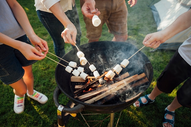 Elevated view of hands roasting marshmallow on barbecue fire