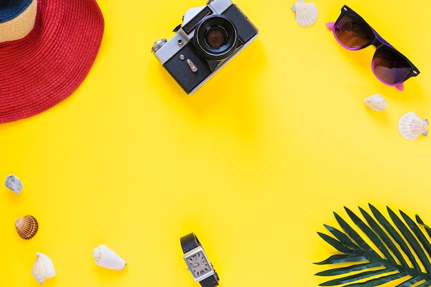 모자의 높은 전망; 카메라; 색안경; 바다 조개; 노란 표면에 손목과 팜 리프