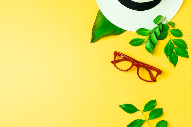 Elevated view of a hat and eyeglasses