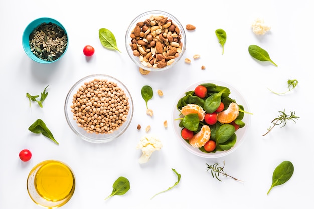 Elevated view of healthy ingredients in bowl over white background