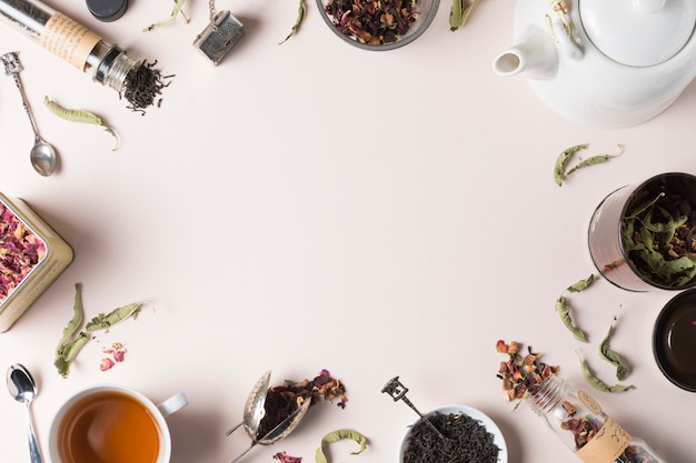 An elevated view of herbs arranged over white background with copy space for writing the text