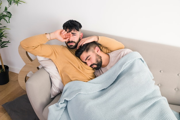 Free photo an elevated view of homosexual couple relaxing on sofa at home