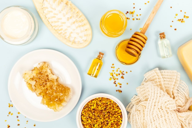 Elevated view of honeycomb and spa item with loofah