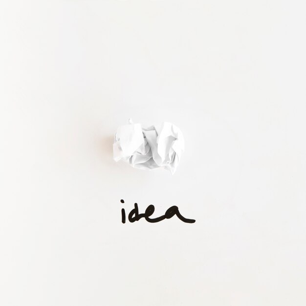 Elevated view of idea word near crumpled paper on white background