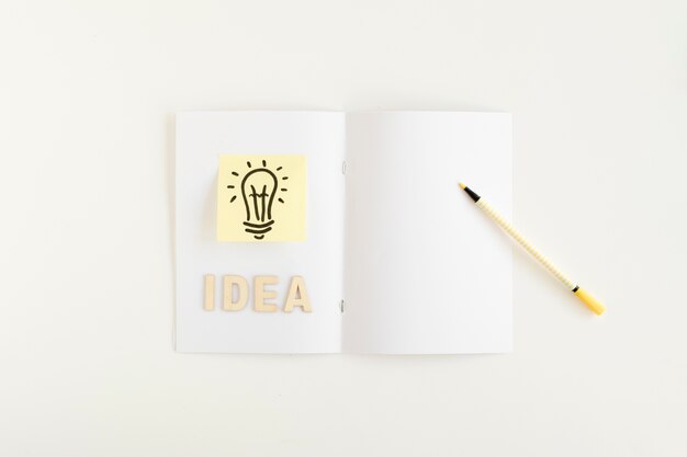 Elevated view of light bulb with idea text on card
