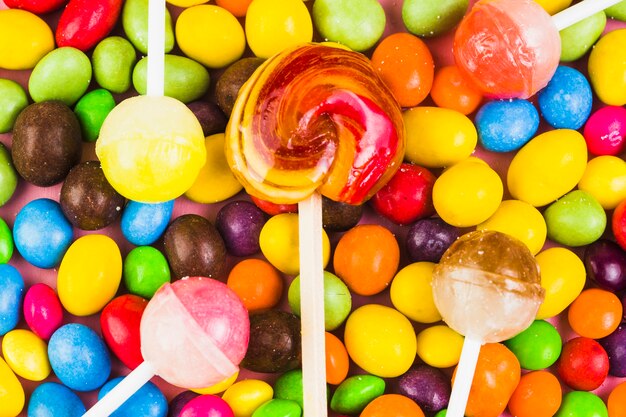 Elevated view of lollipops and sweet candies