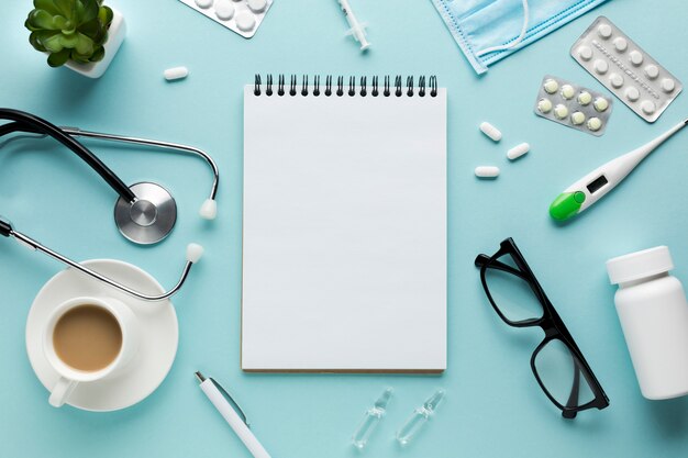 Elevated view of medical accessories on desk