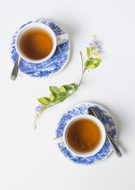 An elevated view of porcelain herbal tea cups on saucer with lemon twig on white background