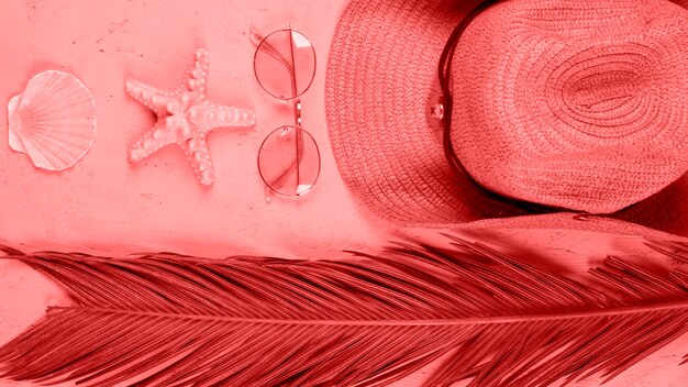 An elevated view of scallop; starfish; sunglasses; hat and palm leaves on coral background