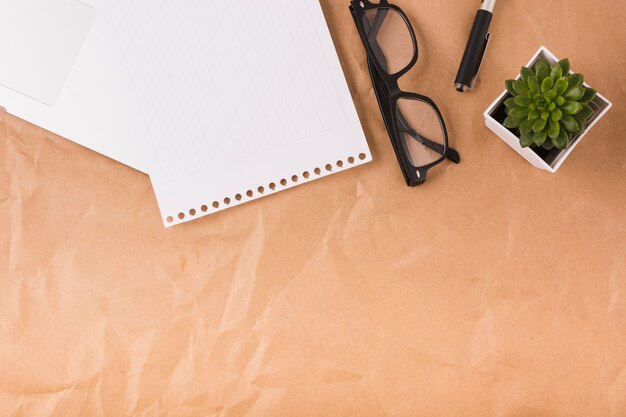 Elevated view of single page; spectacles; pen and potted plant on brown paper background