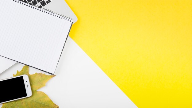 Elevated view of smartphone; notepad; leaf and laptop