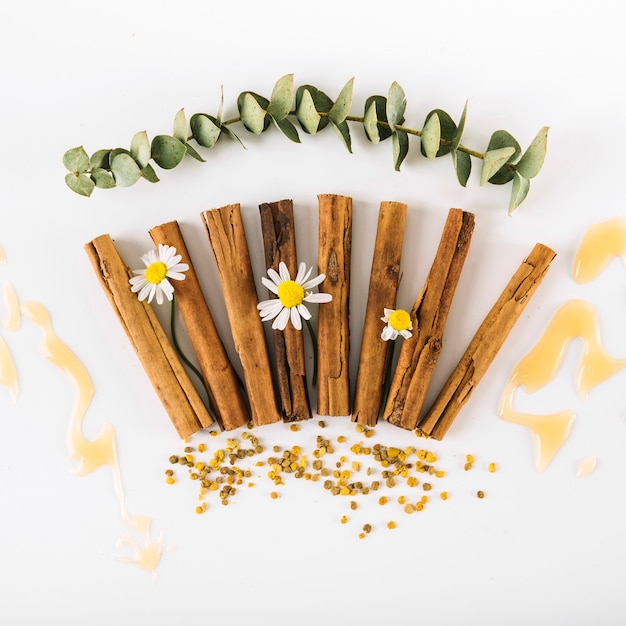 Elevated view of spices; flowers; honey and bee pollen on white surface