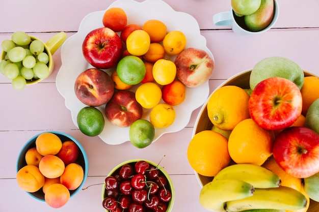 Elevated view of various fresh fruits