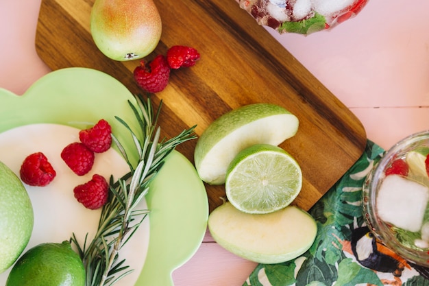 Elevated view of various fresh healthy fruits