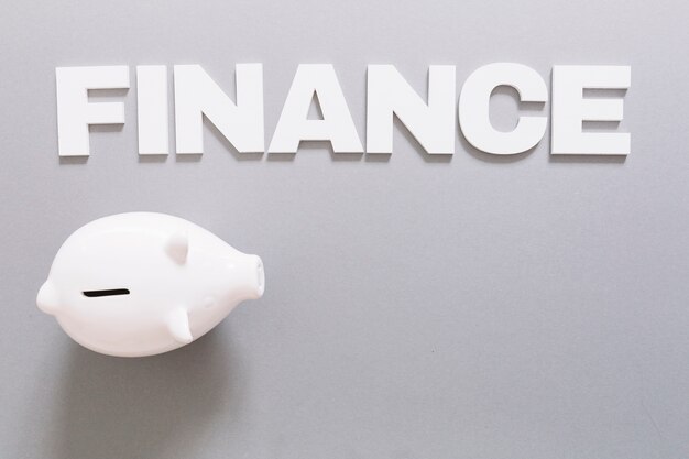 Elevated view of white finance word and piggybank on gray background