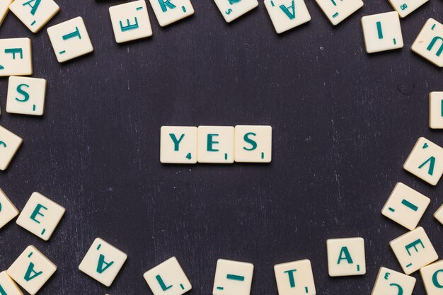 Elevated view of yes word made from game scrabble letters