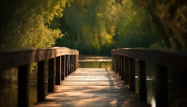 Foto gratuita la passerella sopraelevata conduce attraverso il paesaggio nebbioso della foresta generato dall'intelligenza artificiale