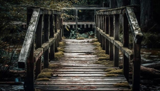 무료 사진 고요한 연못 위의 높은 산책로는 ai가 생성한 가을의 아름다움을 반영합니다.