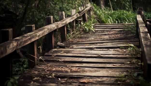 Elevated walkway through tropical rainforest vanishing point generated by AI