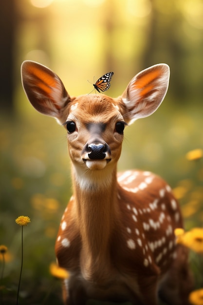 Elk calf in nature with butterfly