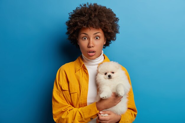 Embarrassed dark skinned lady poses with puppy, feel good together, surprised by something terrible, wears yellow clothes, pose in studio against blue background.