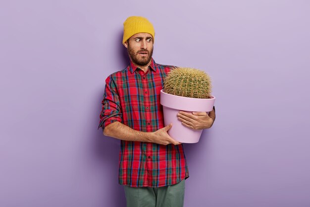 Embarrassed European man holds pot with cactus, dressed in casual wear, has unhappy facial expression