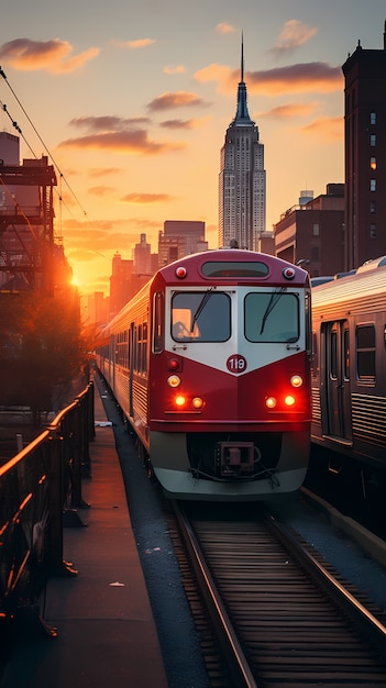 Empire state building behind train