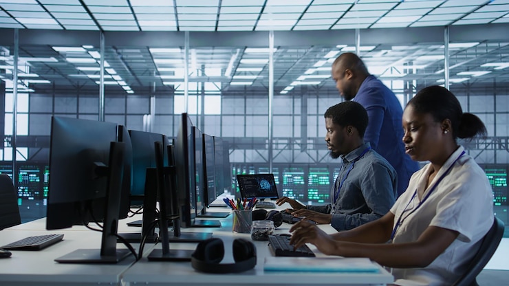 Free Photo employee entering data center beginning job shift monitoring performance
