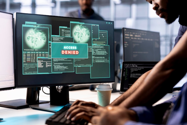 Free Photo employee receiving access denied notification on pc display in data center