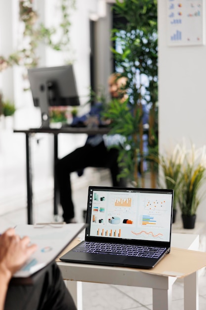 Employee reviewing sales data on laptop screen and budgeting strategy in business office. Worker analyzing metrics statistics charts on portable computer in coworking space