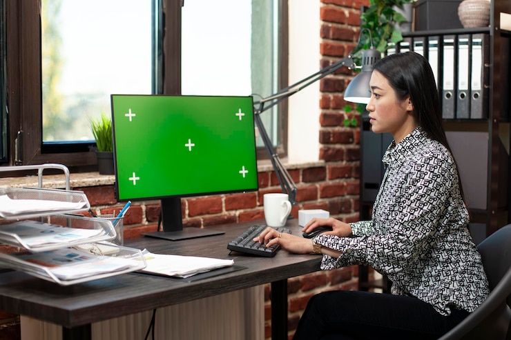 Free Photo employee using computer with greenscreen