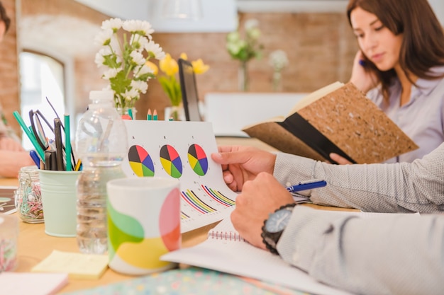 Employees in office working at table