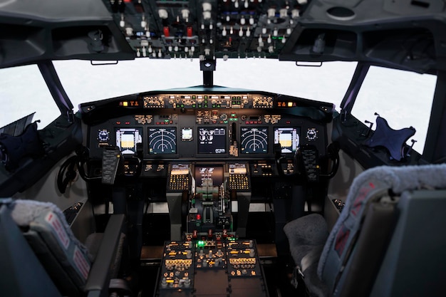 電子飛行ナビゲーションパネルを備えた空の飛行機のコックピット、ダッシュボードのボタンとレバーを備えた制御コマンド。航空機のキャビンには、エンジンと離陸をスロットルする人はいません。