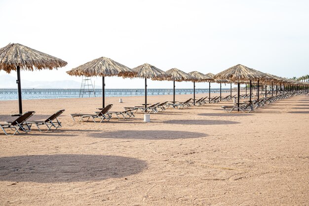 Пустой пляж с шезлонгами и зонтиками. Туристический кризис во время карантина.